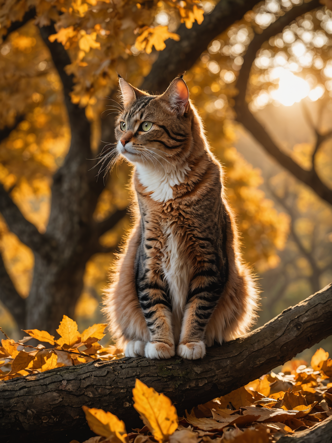 31073552-554464374-photo of a Cat poised gracefully atop an ancient oak tree, autumn leaves fluttering around, golden hour casting long shadows, ba.png